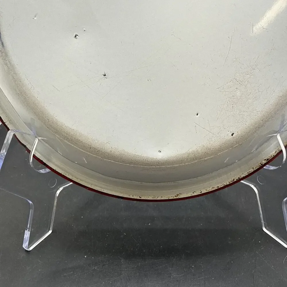 Vintage White Red Rim Enamelware Dinner Plate Farmhouse Camp Rustic 9.25 Inches